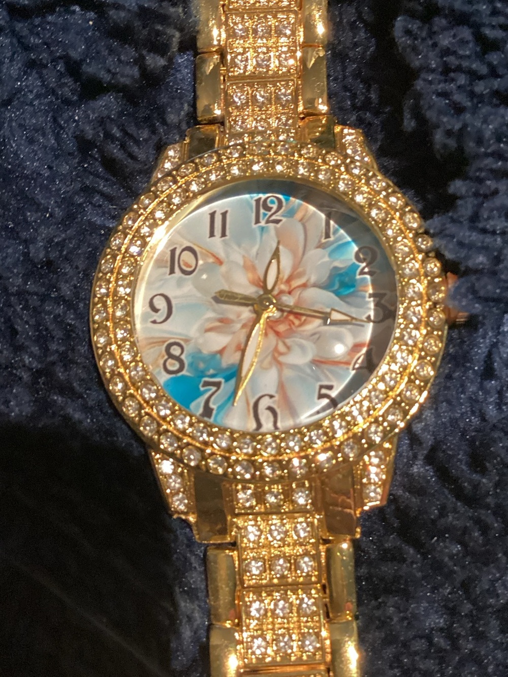 Gold Tone Floral Dial Women's Watch with Crystal Accents